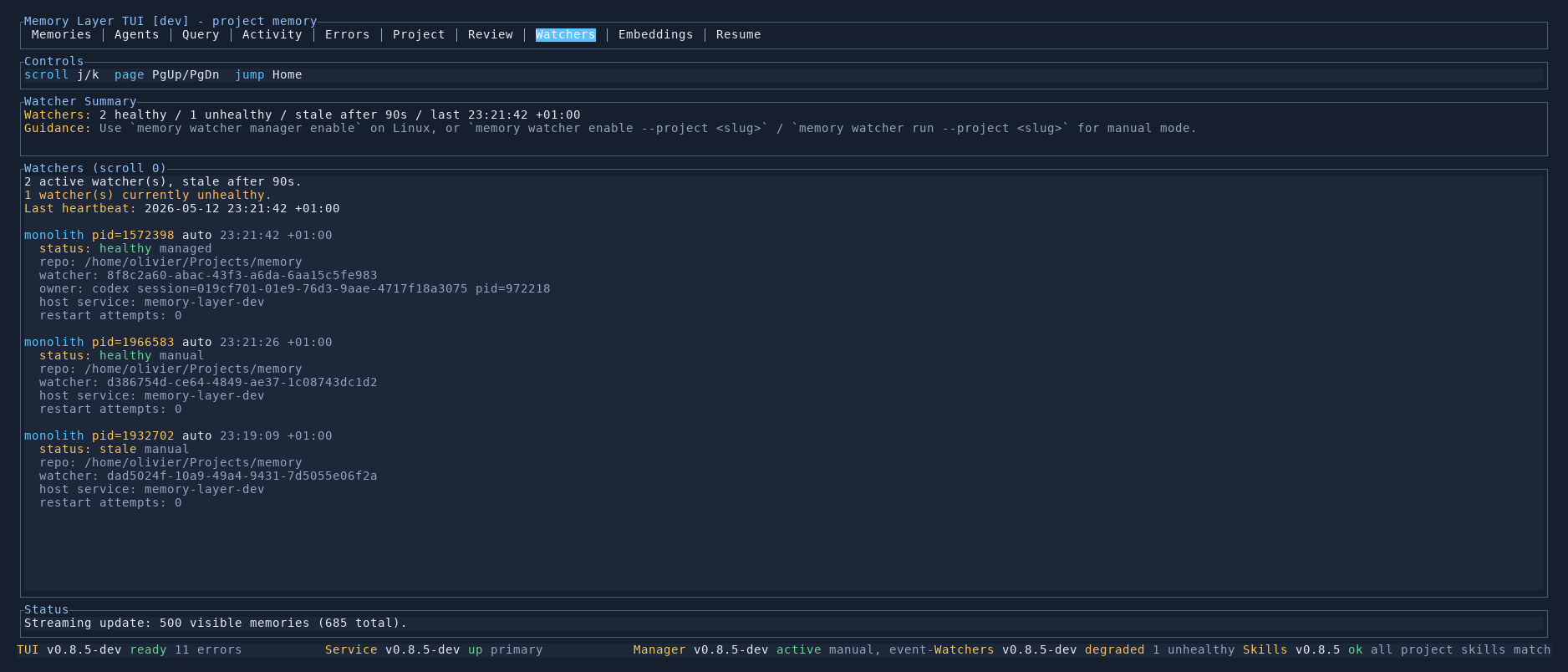Memory Layer TUI Watchers tab